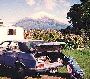 Pack and towel below Mt. Taranaki, NZ